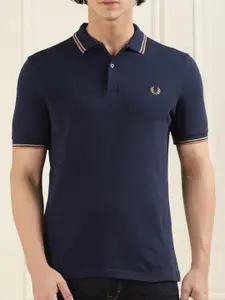 Fred Perry Men Navy Blue Mandarin Collar Pockets Slim Fit T-shirt