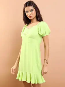 Tokyo Talkies Green Sweetheart Neck Puff Sleeve A-Line Mini Dress