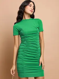 Tokyo Talkies Green Gathered Ruched Bodycon Dress