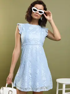 Tokyo Talkies Blue Floral Self Design Flutter Sleeves Lace Inserts A-Line Dress