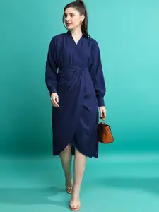 Tokyo Talkies Navy Blue Shirt Collar Kimono Sleeves A-Line Dress