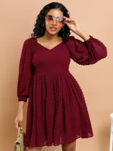 Tokyo Talkies Maroon Self Design V-Neck Puff Sleeves Gathered Fit & Flare Dress