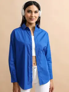 Tokyo Talkies Blue Oversized Cotton Casual Shirt