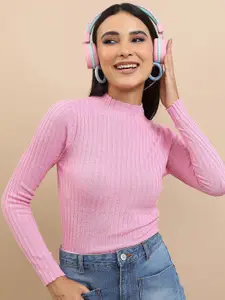 Tokyo Talkies Pink Ribbed High Neck Acrylic Pullover