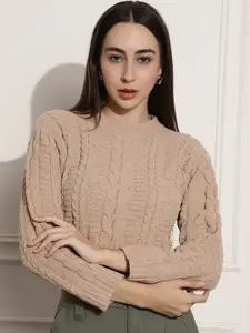 NoBarr Cable Knit Round Neck Acrylic Crop Pullover
