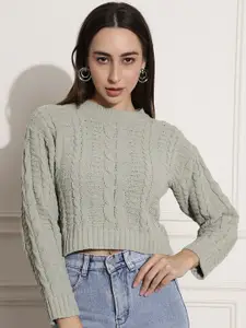 NoBarr Cable Knit Round Neck Long Sleeves Acrylic Crop Pullover Sweater