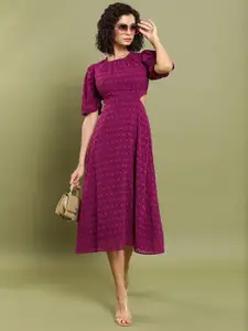 Tokyo Talkies Maroon Self Design Puff Sleeves Cut-Out Detailed Fit & Flare Midi Dress