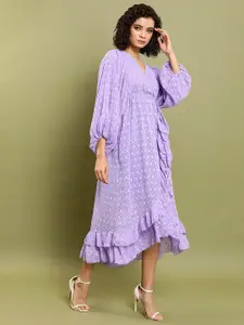 Tokyo Talkies Self Design Puff Sleeve Gathered Or Pleated Midi Dress