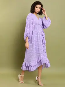 Tokyo Talkies Self Design Puff Sleeve Gathered Or Pleated Midi Dress
