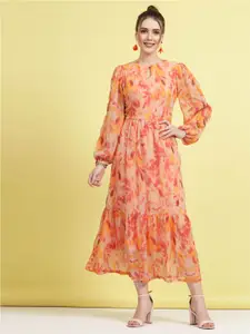 plusS Orange Floral Printed Puff Sleeves Gathered A-Line Midi Dress