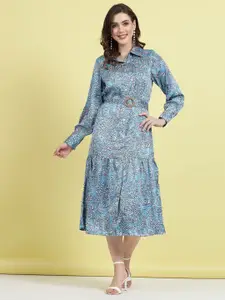 plusS Floral Printed Shirt Collar Cuffed Sleeves Shirt Dress