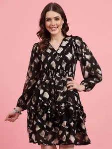 plusS Abstract Printed V-Neck Puff Sleeves Smocked Detail Fit and Flare Dress