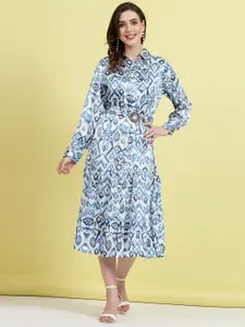 plusS Ethnic Motifs Printed Shirt Collar Cuffed Sleeves Shirt Dress
