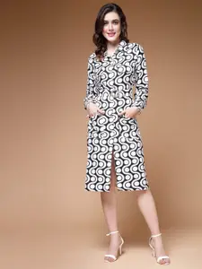plusS Geometric Printed Shirt Collar Cuffed Sleeves Shirt Dress
