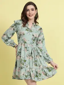 plusS Floral Printed Mandarin Collar Puff Sleeves Ruffles Detail Fit & Flare Dress