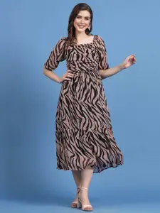 plusS Pink Animal Printed Puff Sleeves A-Line Midi Dress