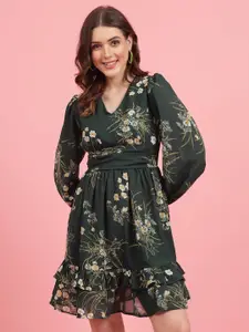 plusS Green Floral Printed Puff Sleeves Gathered A-Line Dress