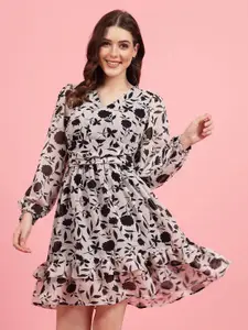 plusS White Floral Printed Puff Sleeves Gathered A-Line Dress