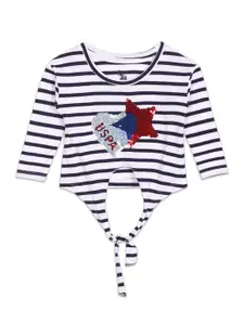 U.S. Polo Assn. Kids Girls Striped Sequinned Tie Ups Pure Cotton Top