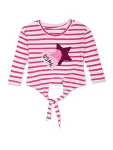 U.S. Polo Assn. Kids Girls Horizontal Striped Waist Tie-Ups Pure Cotton Top