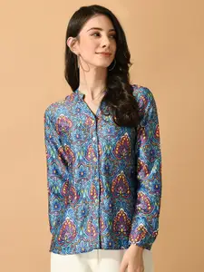 KALINI Ethnic Motifs Printed Mandarin Collar Satin Shirt Style Top
