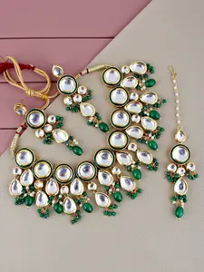 LUCKY JEWELLERY Gold-Plated Kundan-Studded & Beaded Necklace With Earrings & Maang Tika