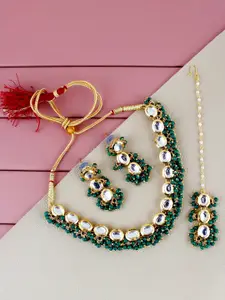 LUCKY JEWELLERY Gold-Plated Kundan-Studded & Beaded Necklace With Earrings & Maang Tika
