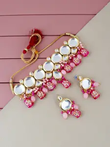 LUCKY JEWELLERY Gold-Plated Kundan-Studded & Beaded Necklace With Earrings