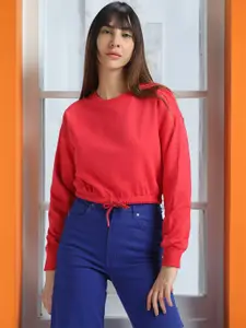 JUNEBERRY Round Neck Drop-Shoulder Sleeves Crop Pullover Fleece Sweatshirt
