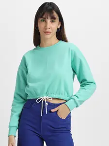 JUNEBERRY Round Neck Drop-Shoulder Sleeves Crop Pullover Fleece Sweatshirt