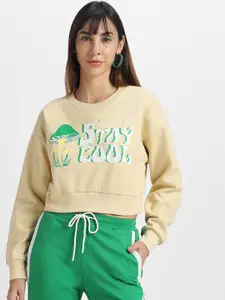JUNEBERRY Graphic Printed Drop Shoulder Sleeves Crop Pullover Fleece Sweatshirt