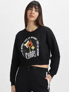 JUNEBERRY Typography Printed Crew Neck Crop Fleece Pullover Sweatshirt