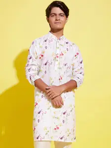 VASTRAMAY Boys Floral Printed Mandarin Collar Long Sleeves Cotton Silk Kurta