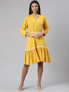 Neerus Polka Dot Printed Mandarin Collar A-Line Dress
