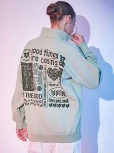 STREET 9 Typography Printed Mock Collar Half Zipper Fleece & Cotton Pullover Sweatshirt