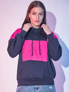 STREET 9 Navy Blue Colourblocked Hooded Fleece Sweatshirt