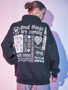 STREET 9 Typography Printed Mock Collar Half Zipper Fleece & Cotton Pullover Sweatshirt