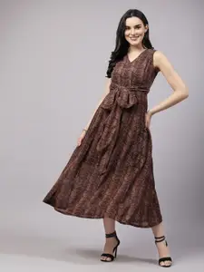 plusS Animal Printed V-Neck Sleeveless Tie-Ups Detail A-Line Midi Dress