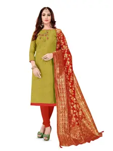 MANVAA Floral Embroidered Mirror Work Glaze Cotton Unstitched Dress Material