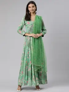 Neerus Floral Printed V-Neck Embellished Cotton Empire Maxi Ethnic Dress with Dupatta