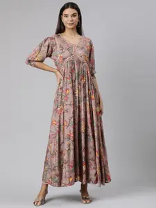 Neerus Floral Printed V-Neck Embellished Cotton Empire Maxi Ethnic Dress