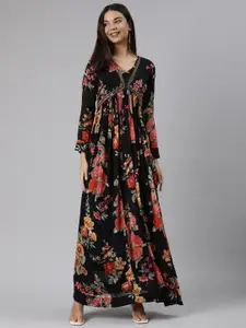 Neerus Floral Printed V-Neck Embellished Silk Empire Dress