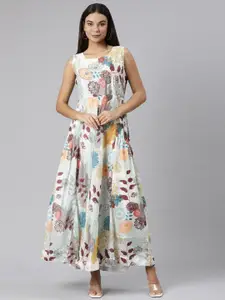 Neerus Floral Printed Embellished Cotton Fit & Flare Maxi Ethnic Dress