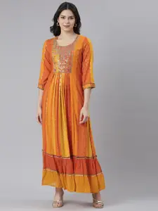Neerus Ethnic Motifs Printed Embellished A-Line Maxi Ethnic Dress