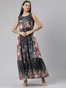 Neerus Floral Printed Embellished Detail Sleeveless Cotton Fit & Flare Maxi Dress