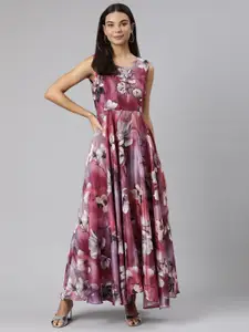 Neerus Floral Printed Embellished Detail Sleeveless Cotton Fit & Flare Maxi Dress