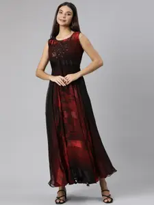 Neerus Abstract Printed Silk Fit & Flare Maxi Dress