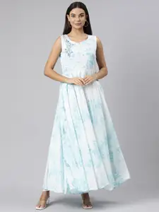 Neerus Tie & Dye Embroidered Silk Fit & Flare Maxi Ethnic Dress