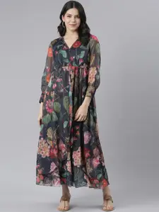 Neerus Floral Printed V-Neck Cuffed Sleeves Beaded & Gathered Silk Fit & Flare Maxi Dress