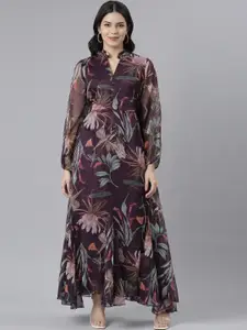 Neerus Floral Printed Silk Maxi Dress